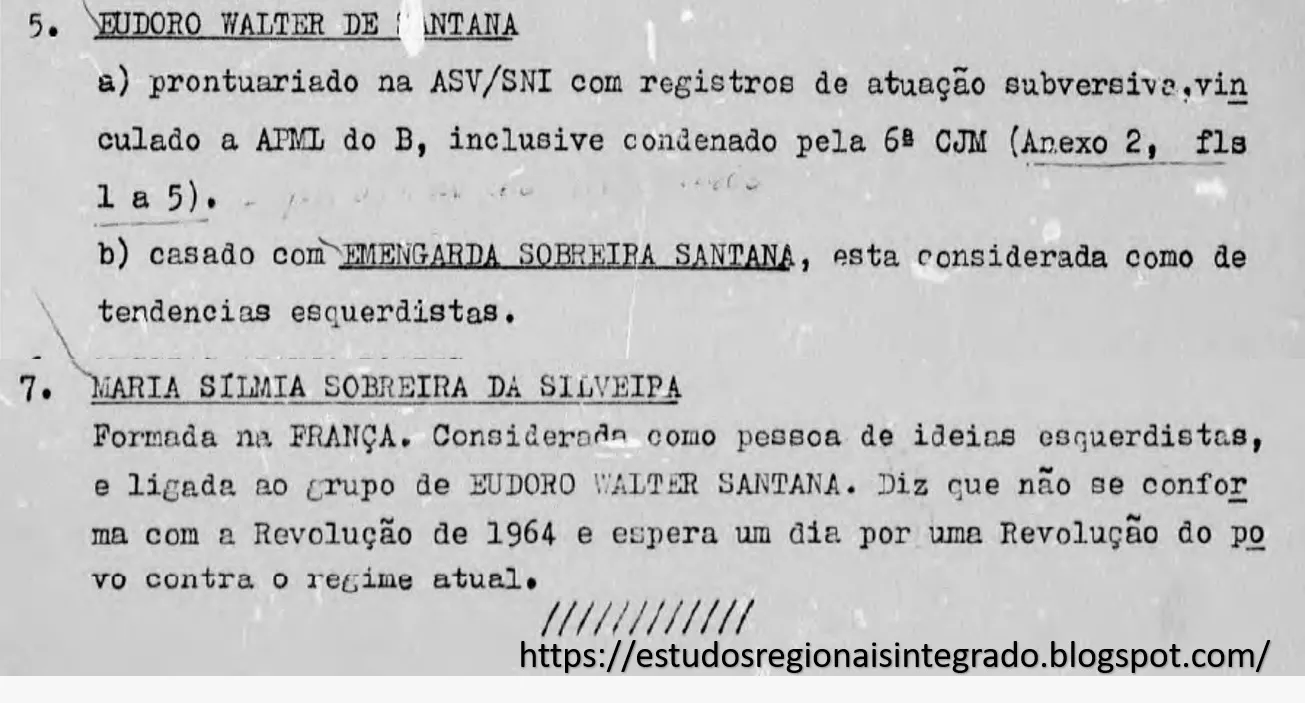 Registro das prisões de Eudoro Santana e Sílmia Sobreira