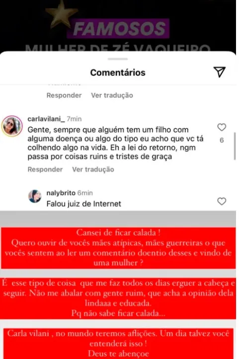 Ingra criticou o comentário em publicação nos Stories