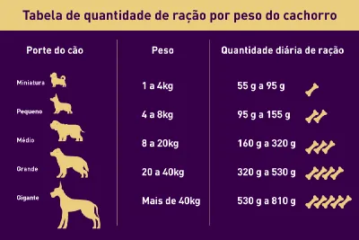 Escala de comida para cães dependendo do tamanho e do peso