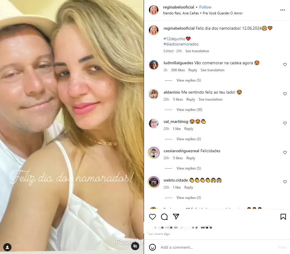 Post mais recente de Regina foi homenagem pelo Dia dos Namorados
