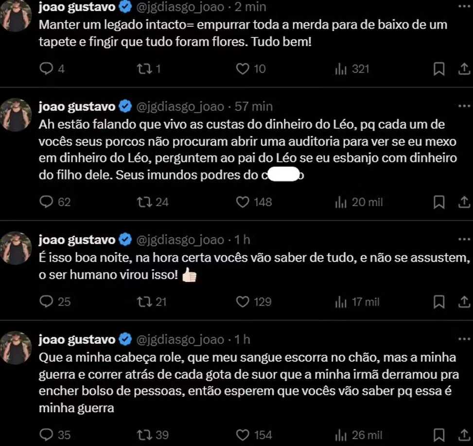 João Gustavo fez uma série de desabafos no perfil do X, antigo Twitter