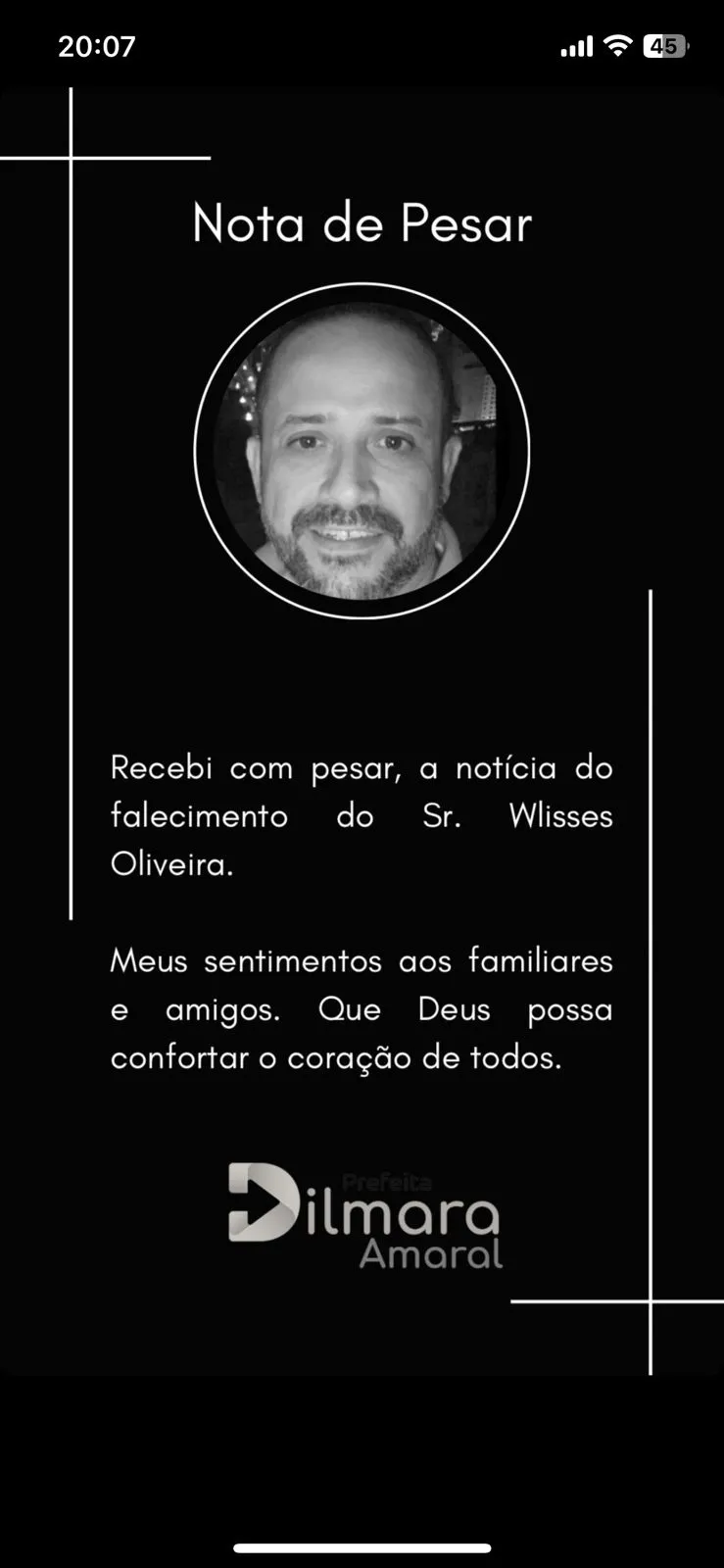 Prefeita publicou a nota de pesar nas redes sociais
