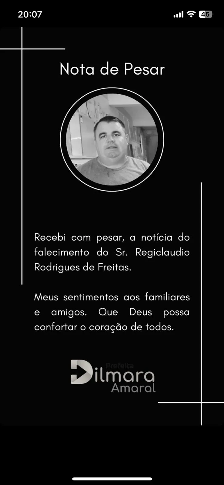 Prefeita publicou a nota de pesar nas redes sociais