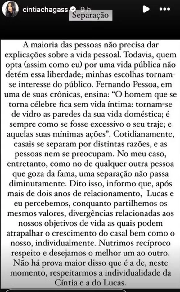 O texto foi publicado nos Stories do Instagram