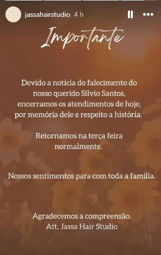 Anúncio de Jassa sobre o fechamento do salão hoje em homenagem a Silvio Santos