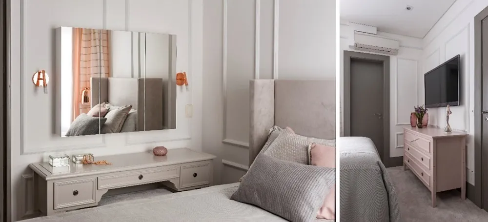 No quarto, o boiserie no mesmo tom da parede é plano de fundo de espelho e também cabeceira; projeto Cristiane Schiavoni