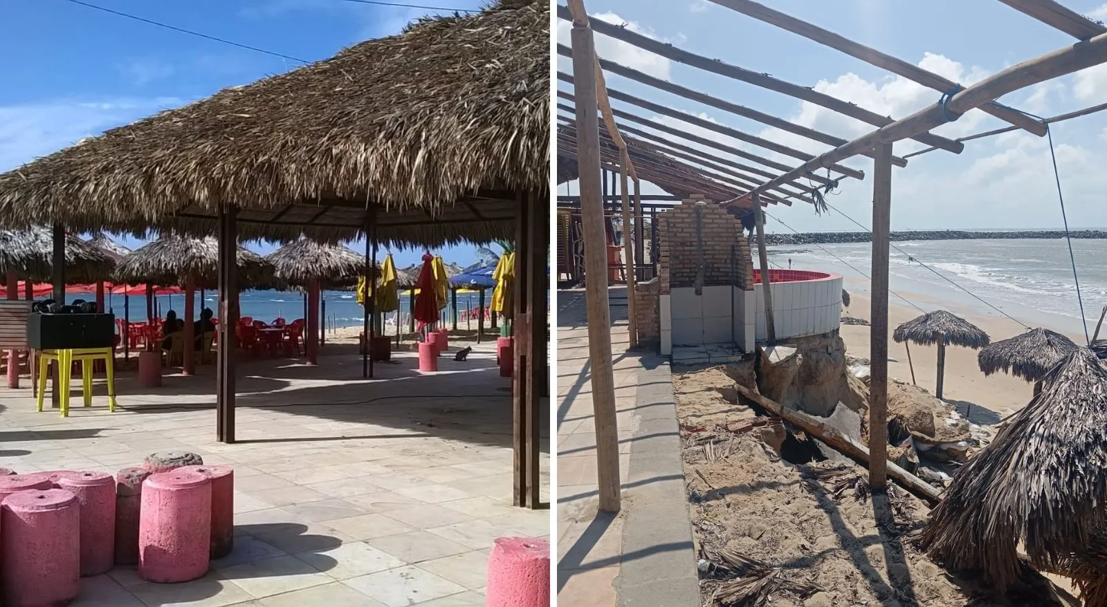 Parte da estrutura da barraca foi arrancada pela força da água. Imagem mostra antes e depois do local