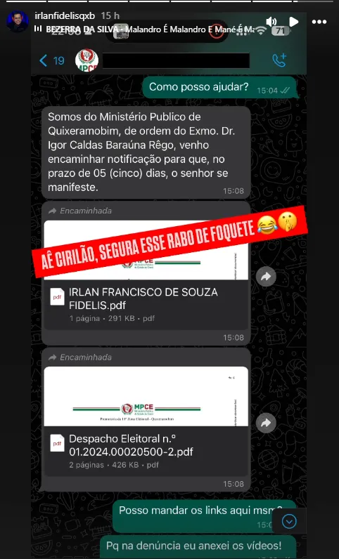 Último post de Irlan antes de ser preso foi uma conversa com o MPCE