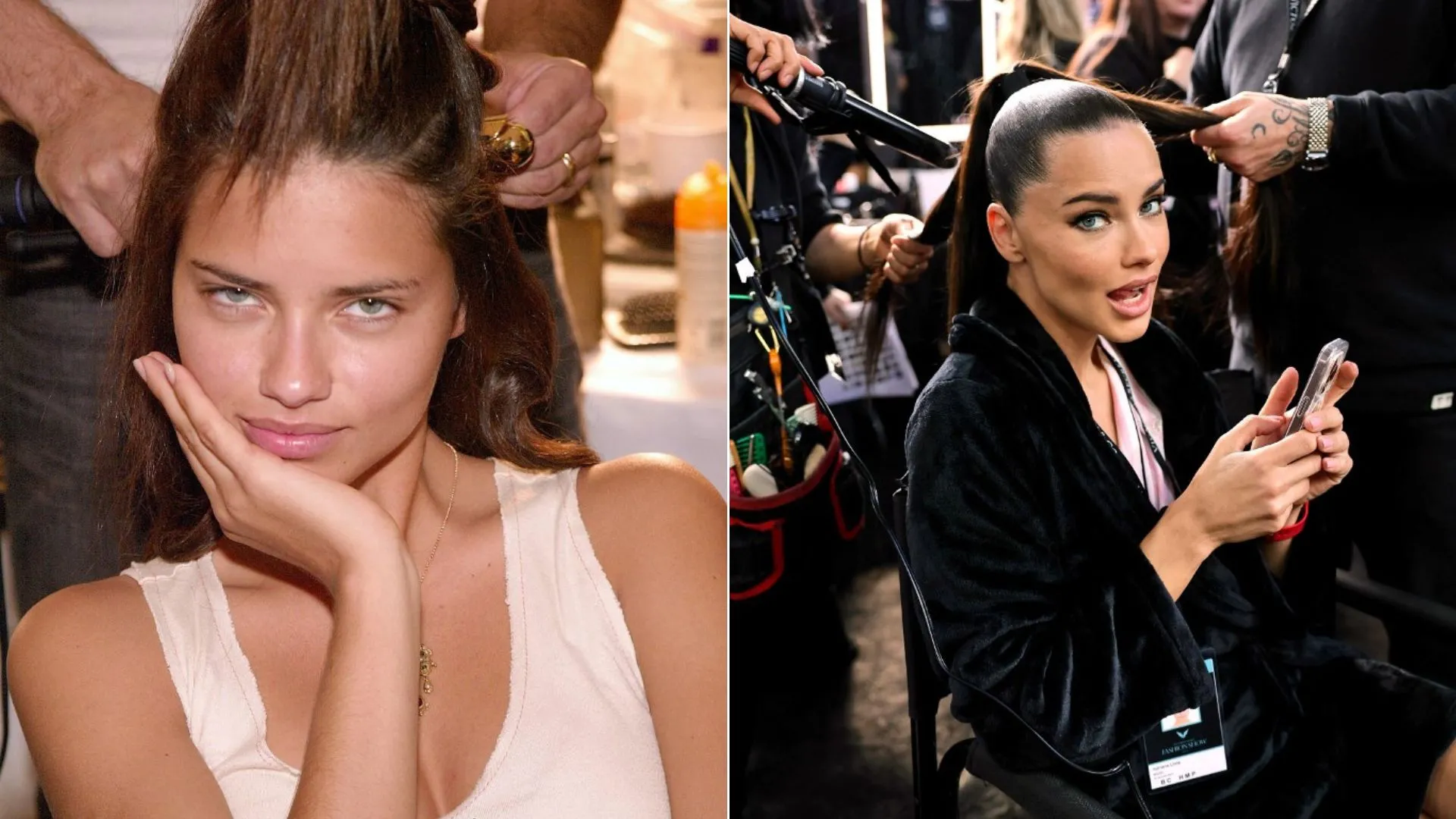 À direita, Adriana Lima nos bastidores do Victoria's Secret Fashion Show e, à esquerda, preparando-se para o evento em 2024