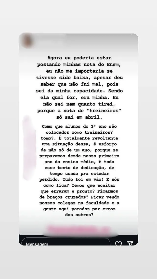 Mensagem postada nas redes sociais