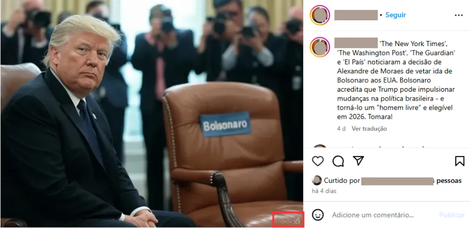 Post publicado dois dias antes da publicação verificada pelo Comprova e encontrado a partir de busca reversa no Google Imagens; a imagem mostra a marca d´água do Grok.