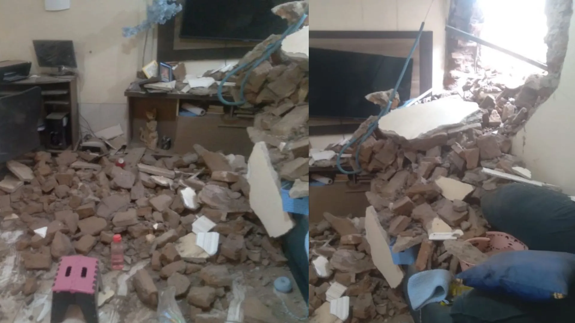 Pouco depois do acidente, a Defesa Civil limpou os destroços que estavam na sala