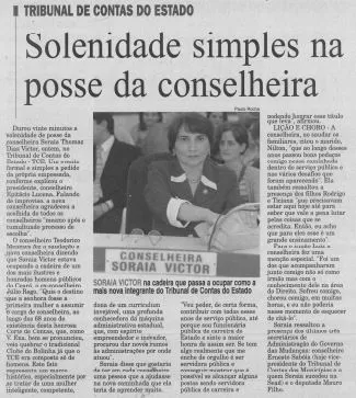 Diário do Nordeste do dia 3 de outubro de 2003 traz reportagem sobre a posse de Soraia Victor no TCE Ceará