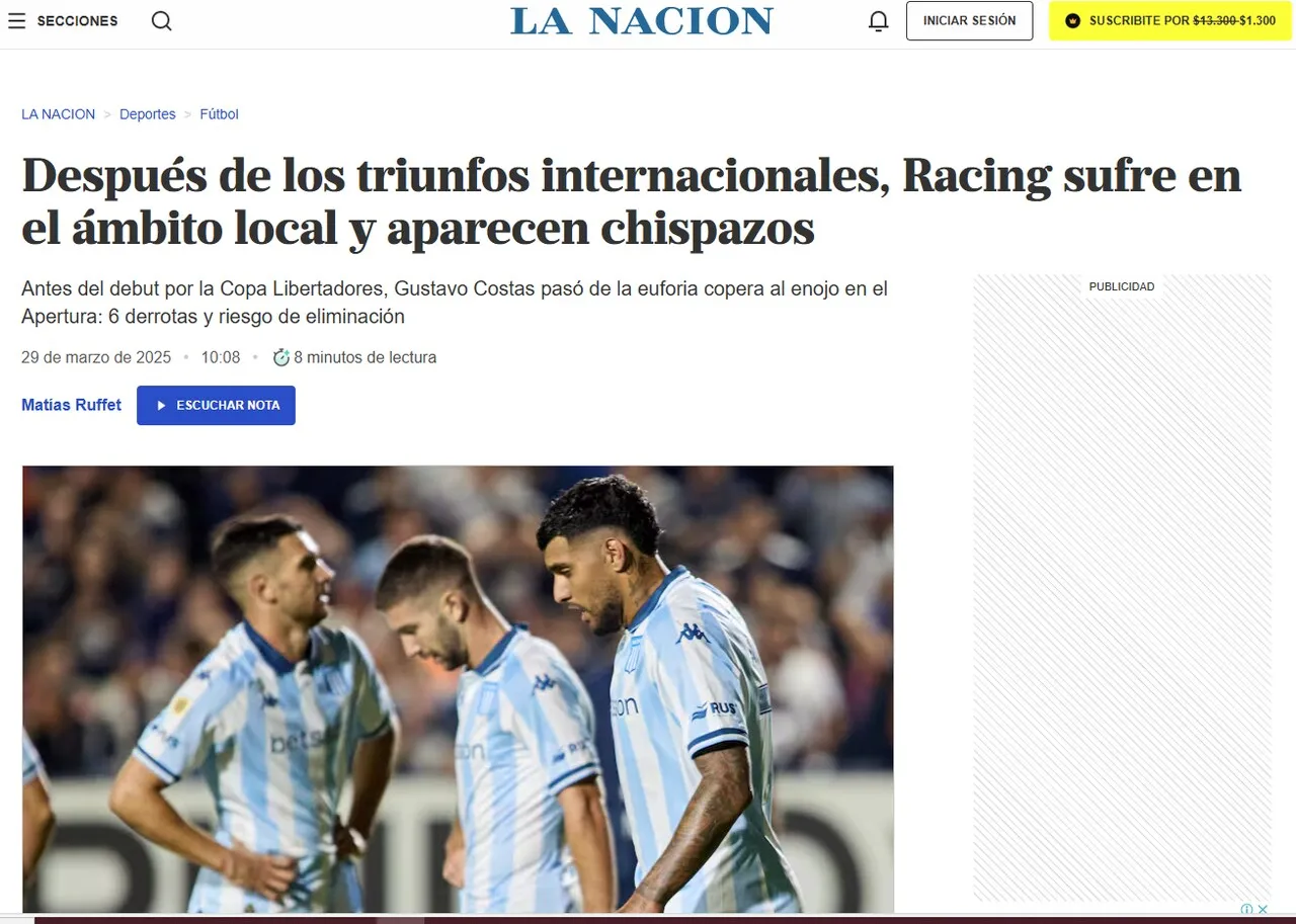 O jornal La Nacion destacou a crise do Racing-ARG no Campeonato Argentino
