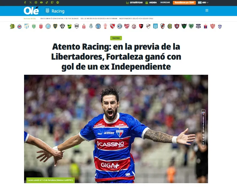 O jornal Diario Olé destacou que o Fortaleza venceu com gol de Lucero, ex-Independiente-ARG