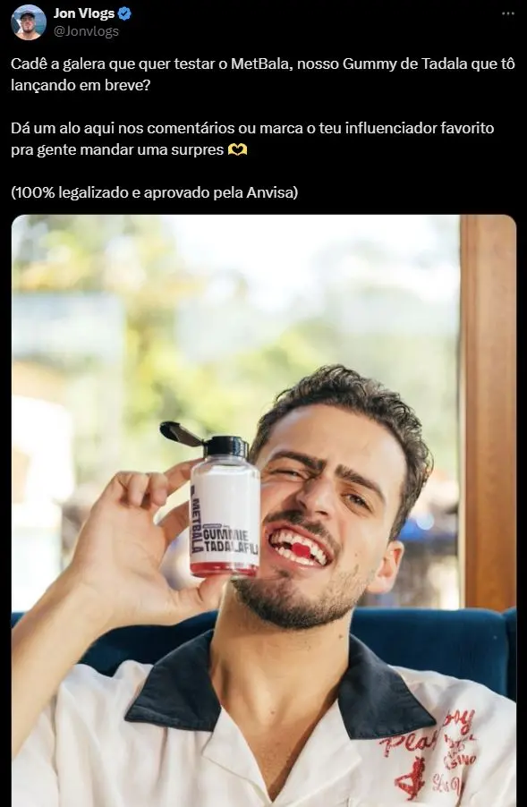 Jon Vlogs divulgada MetBala, gummy de tadalafila proibida pela Anvisa