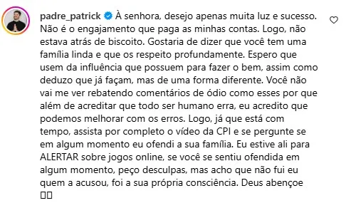 Margareth Serrão, mãe da influenciadora Virginia Fonseca, se pronuncia sobre participação de padre Patrick em CPI das Bets e ele rebate comentário