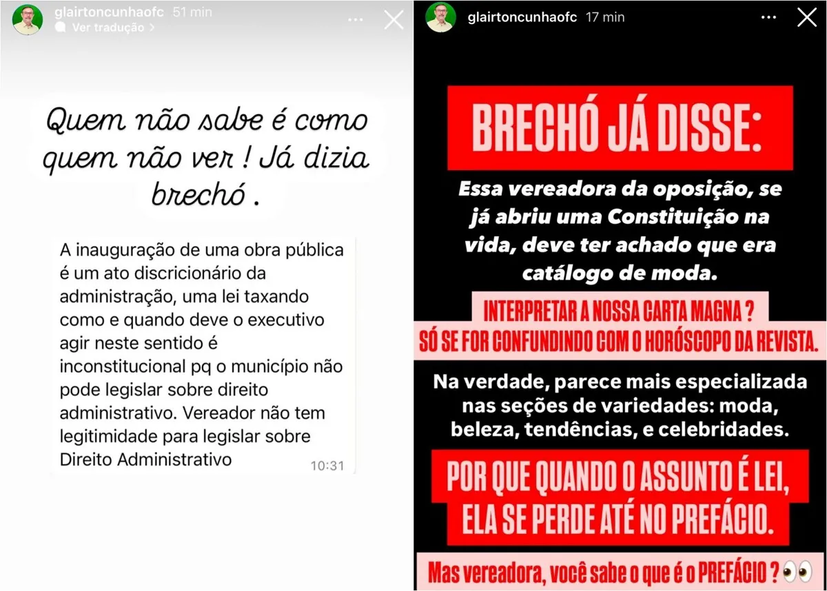 Publicações feitas pelo ex-prefeito Glairton Cunha