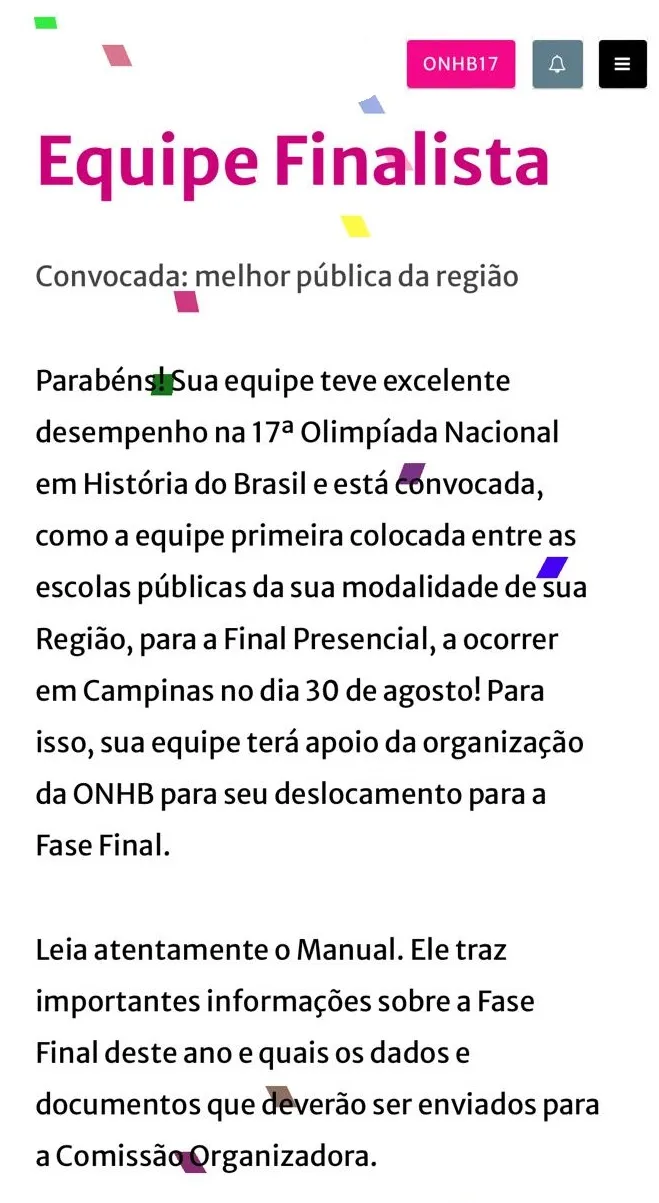 Comunicado da organização à equipe finalista