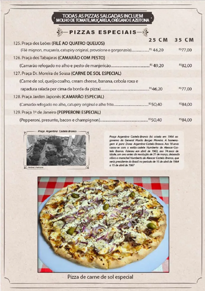 Detalhe do cardápio do Pizza na Praça, com seleção de sabores acompanhada de breve histórico de uma praça de Fortaleza