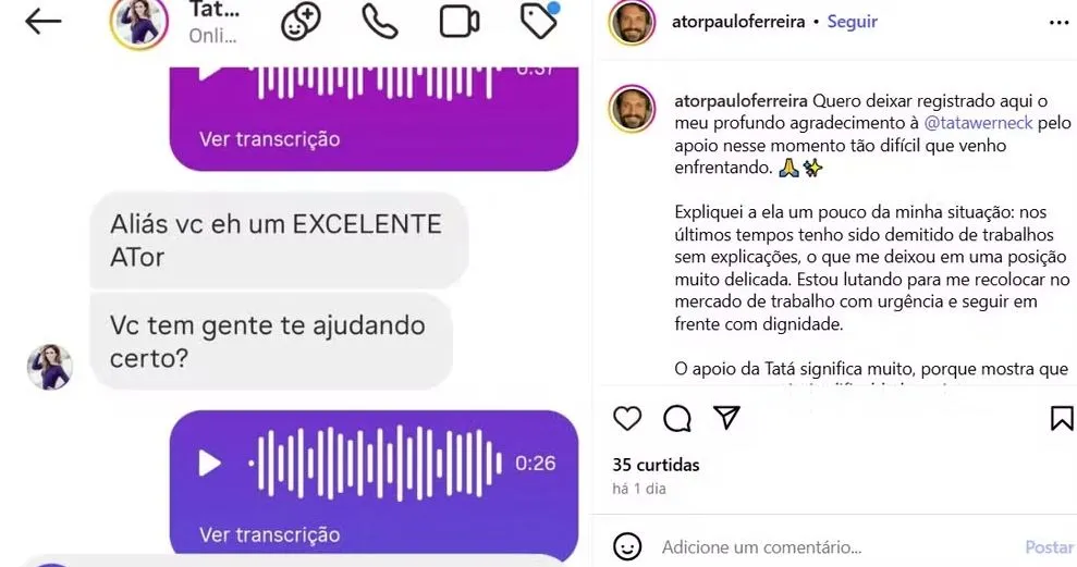 Prints de conversa entre Tatá Werneck e Paulo foram divulgadas por ele
