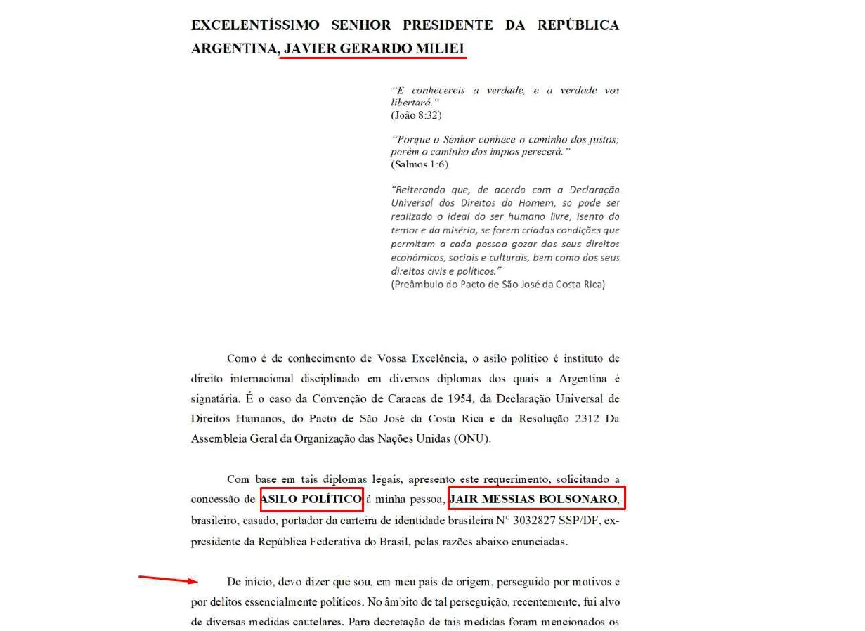 Documento encontrado com o pedido de asilo político