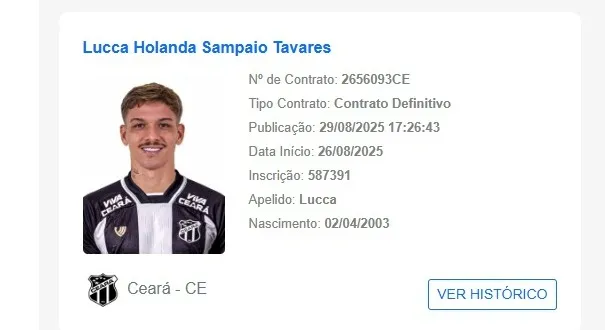 Lucca é regularizado pelo Ceará no BID e pode estrear pelo Vovô contra o Juventude na partida deste sábado (30)