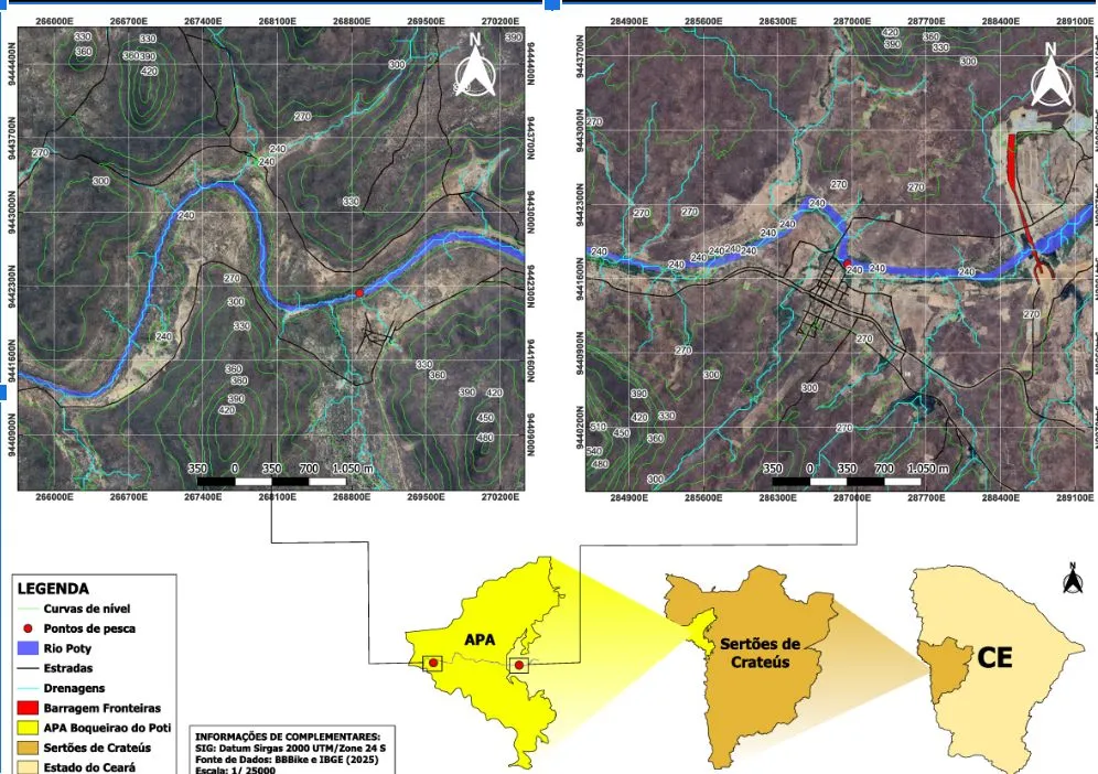 Pontos de coleta, o percurso do rio e o desmatamento das margens