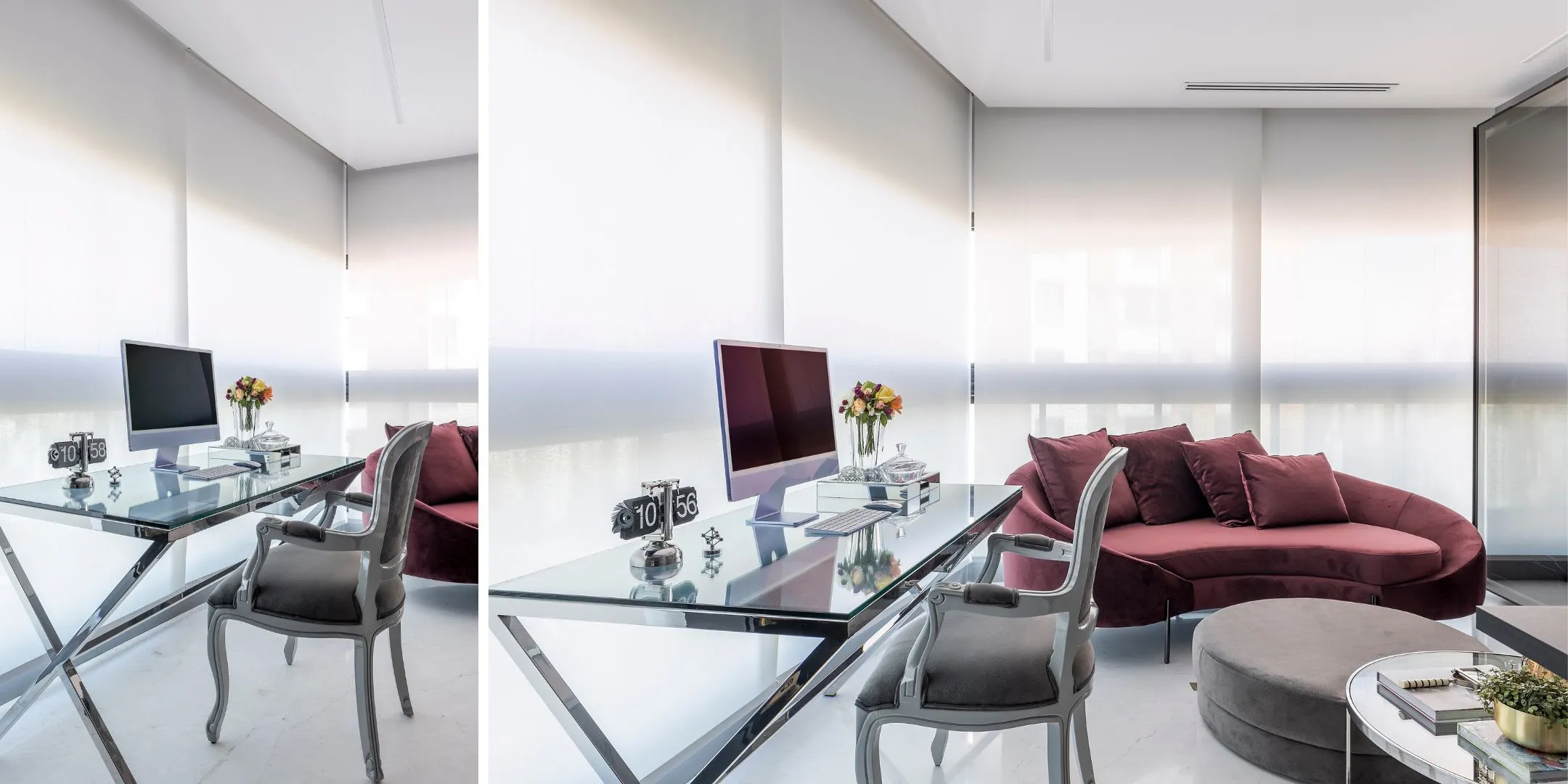 Neste projeto assinado pela arquiteta Ana Rozenblit, o home office divide o espaço com o living. Ele tem sua privacidade e uma ampla iluminação natural que reforça o bem-estar durante o expediente