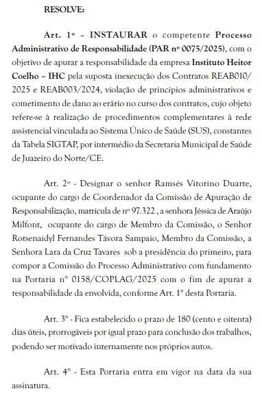 Trecho da publicação no Diário Oficial de Juazeiro do Norte