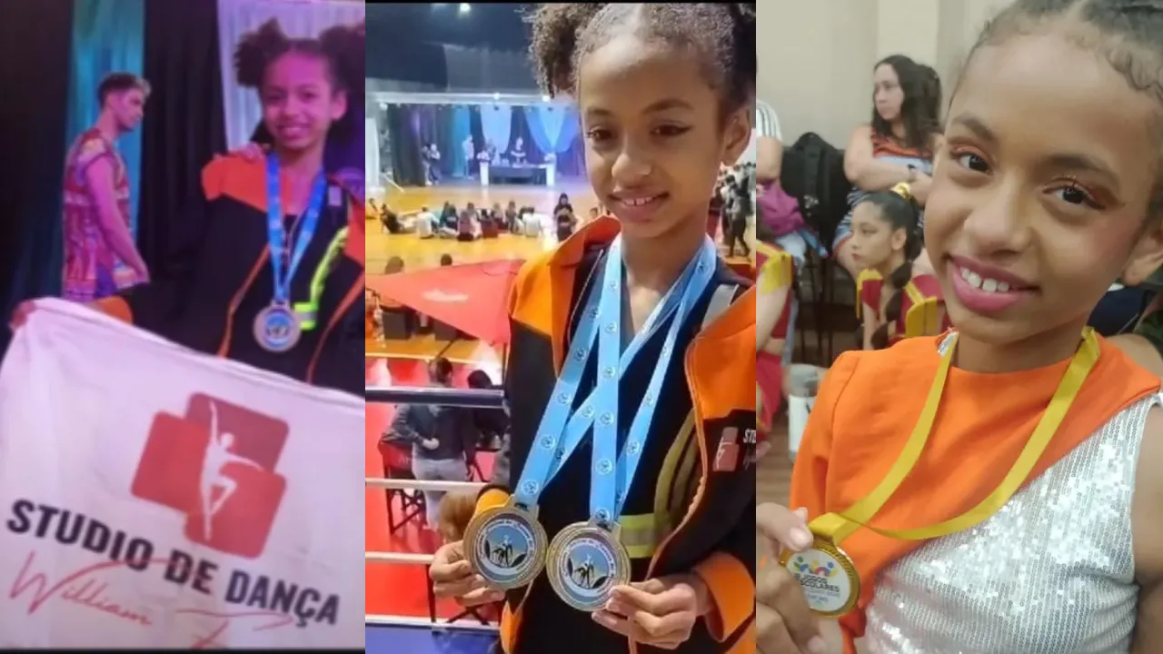 Luiza Aguiar em competição segurando suas medalhas