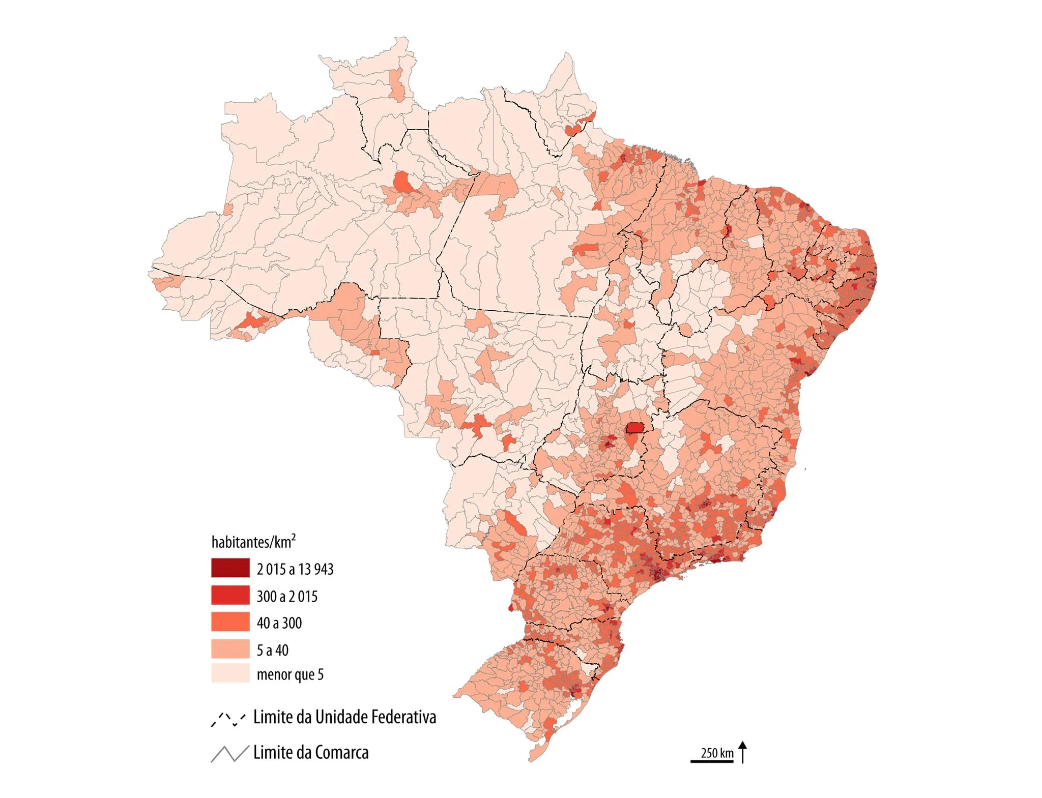 Mapa demonstra distribuição de comarcas por densidade populacional.