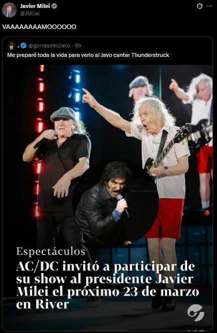 Javier Milei aceita convite falso para show do AC/DC