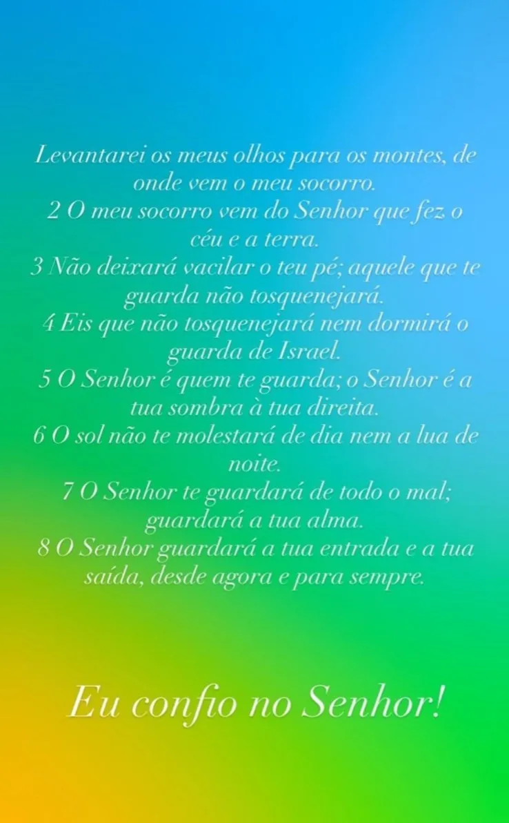 Michelle Bolsonaro publicou o Salmo 121 da Bíblia nos stories do Instagram.