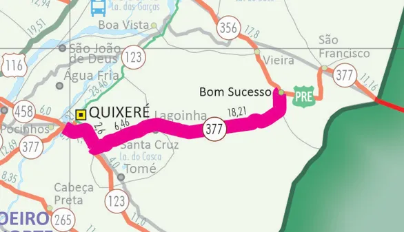 A rodovia corresponde à cidade de Quixeré e passa por uma expansão da pista.