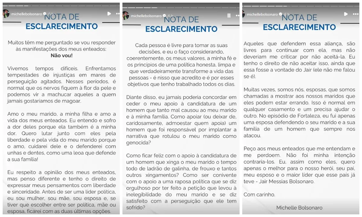 Ex-primeira-dama publicou nota de esclarecimento após críticas de enteados a ela