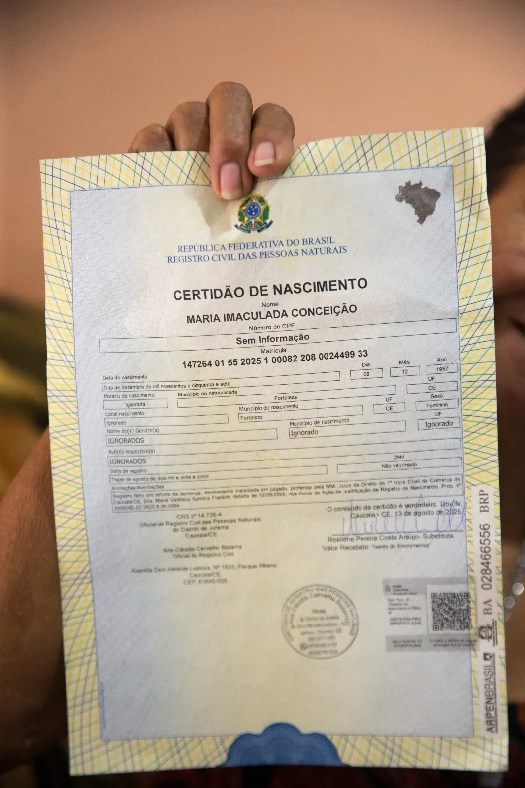 Certidão de nascimento de Maria Imaculada Conceição foi emitida em agosto deste ano.