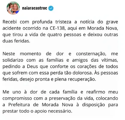 Nota de pesar publicada pela prefeita de Morada Nova nas redes sociais